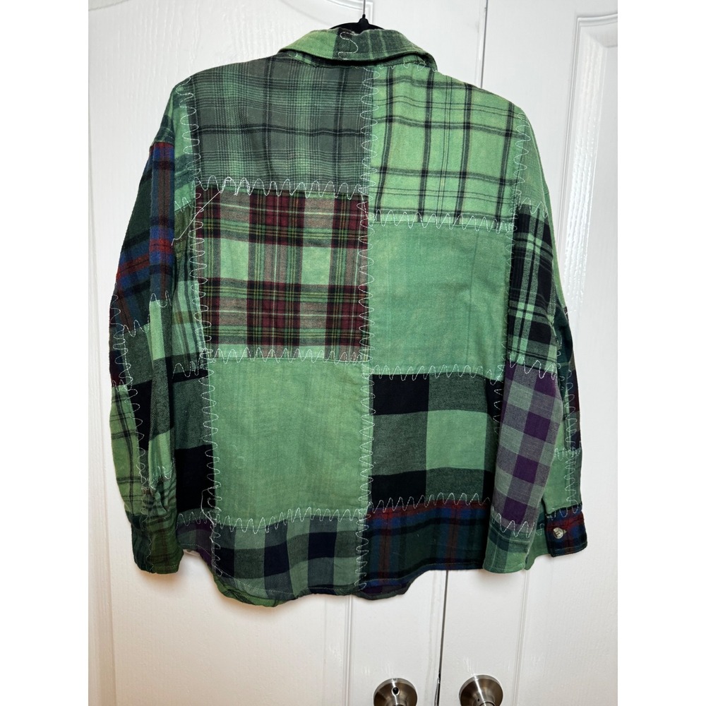 ‼️SALE‼️Bohera Green Patchwork Plaid Flannel Shirt Shacket Zigzag Stitching - Picture 7 of 7
